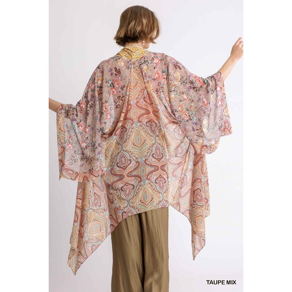 Umgee Sheer Open Front Long Paisley Floral Print Boho Kimono in Taupe Size S/M